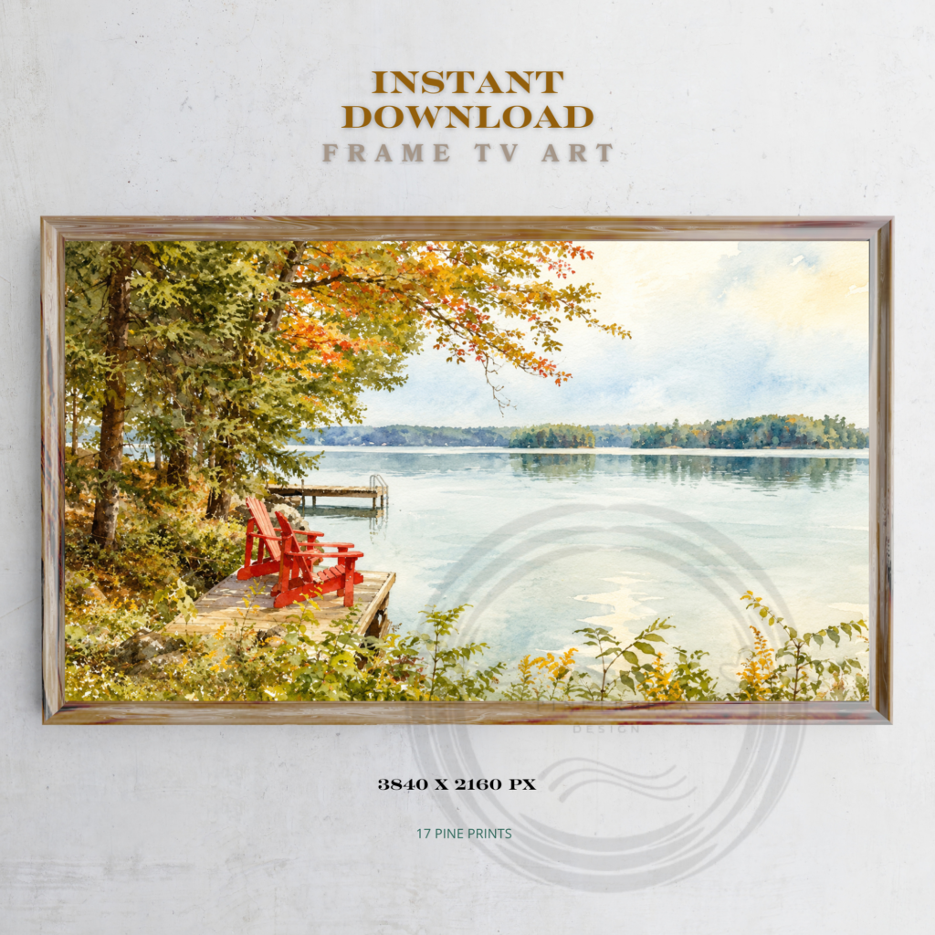wo red Muskoka chairs by an autumn Ontario lake, Frame TV art download"