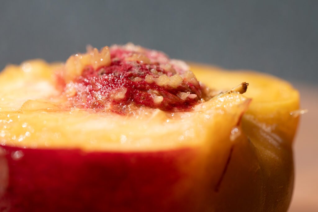 Macro close-up of a halved peach's crimson pit cavity dusted with sugar, surrounded by juicy amber-yellow flesh